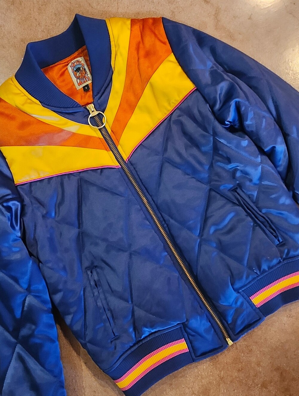 Classic Rock Couture Blue Satin Quilted Rising Sun Bomber Jacket S ARIZONA